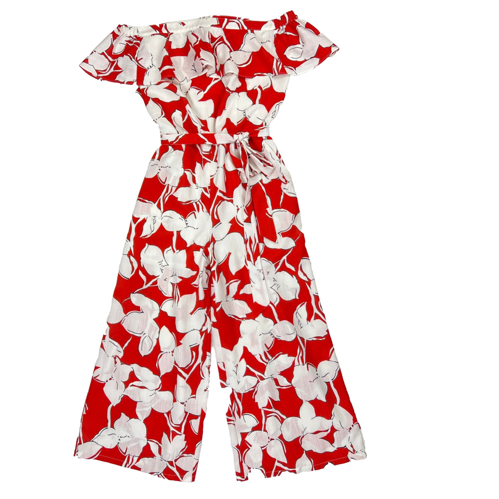 Elevenses Anthropologie Red White Floral Wide Leg Jumpsuit Off Shoulder Size SM